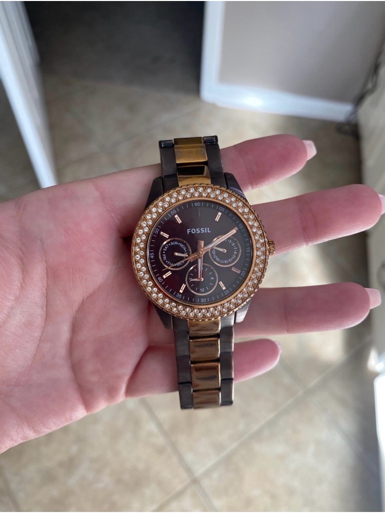 Fossil Brown Dial Watch With Rose Gold Crystal Bezel